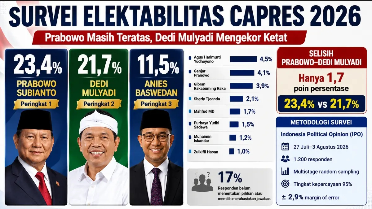 prabowo unggul Prabowo Unggul 23,4% pada Survei IPO Agustus, Dedi Mulyadi… prabowo unggul - ilustrasi berita Prabowo Unggul 23,4% pada Survei IPO Agustus, Dedi Mulyadi Menyusul 21,7%